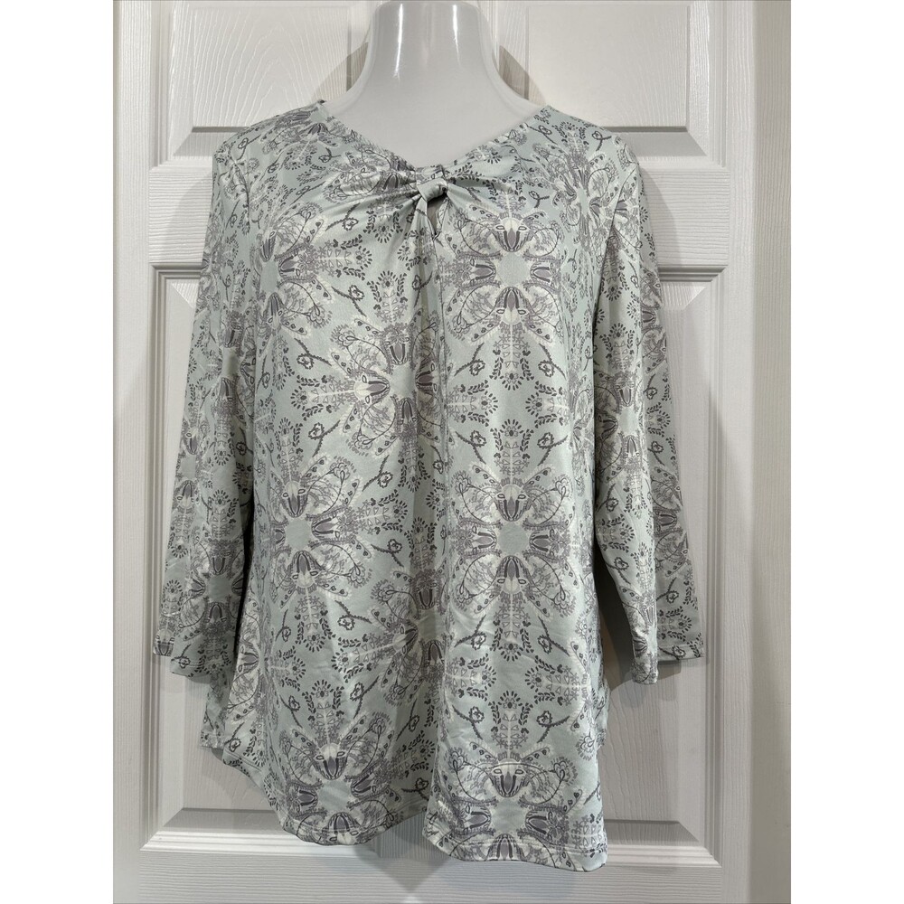 Nue Options XL Floral Print Stretch Knit Blouse Top Tunic Green Gray